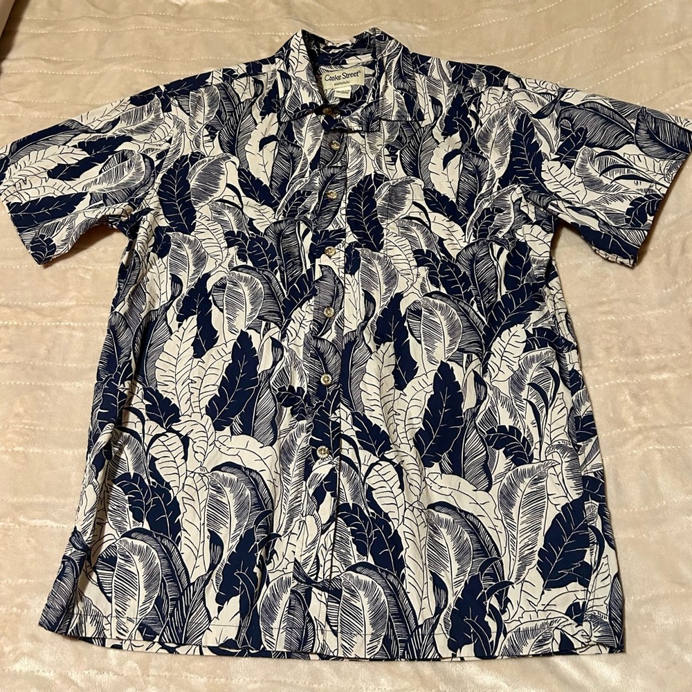 Blue and Tan Casual Button Down Shirt with Abstract Pattern